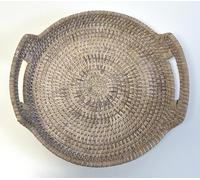 Round Rattan Serving Trays with Handles, White Wash, Woven Boho Coffee Table Display - 3 Sizes (Small (30cm))