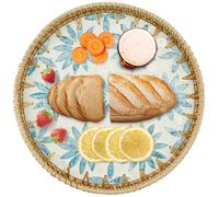 Round Rattan Tray Hand Woven Rattan Serving Tray Practical Decorative Wicker Basket Minimalist Round Wicker Basket(Blue sun flower)