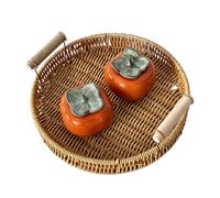 Round Rattan Tray - Natural Woven Storage Tray with Handles, Boho Decorative Organizer | Bathroom Counter, Toilet Tank Top Display, Vanity for Home Decor, Kitchen, Entryway Use