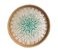 Round Rattan Tray,Rattan Woven Serving Tray,Modern and Boho Decor Serving Tray, Hand Woven Decorative Tray Plates for Dining Coffee Table (Lake Blue)