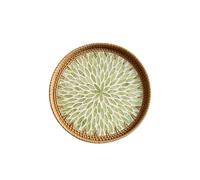 Round Rattan Tray with Mother of Pearl Inlay, Decorative Basket for Coffee, Wicker Serving Tray with Wooden Base, Bread, Fruit, Food Storage and Table Display (D)