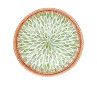 Round Rattan Tray with Mother of Pearl Inlay, Decorative Wicker Serving Tray for Home Table Decor Party Centerpiece Rattan Serving Platter with Wooden Base for Coffee, Bread Breakfast Storage