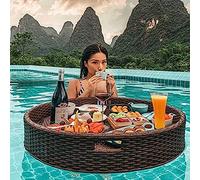 Round Rattan Woven Floating Water Tray,Floating Serving Trays Table Bar Round,Water Float Tray,Pool Floating Trays,for Swimming Pool, Sandbars, Spas, Bath, Parties,Brown-60cm