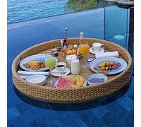 Round Rattan Woven Floating Water Tray, Pool Floating Trays, Swimming Pool Floating Serving Tray with Handles, For Sandbars, Spas Parties,Apricot-80cm