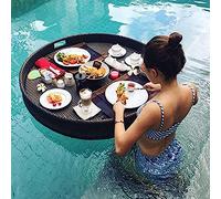 Round Rattan Woven Floating Water Tray, Pool Floating Trays, Swimming Pool Floating Serving Tray with Handles, For Sandbars, Spas Parties,Black-80cm
