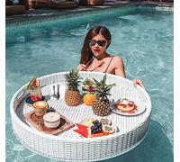 Round Rattan Woven Floating Water Tray, Pool Floating Trays, Swimming Pool Floating Serving Tray with Handles, For Sandbars, Spas Parties,White-60cm
