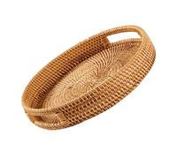 Round Rattan Woven Serving Tray, 13.8" Decorative Trays for Coffee Table, Woven Wicker Tray with Handle Rustic Bread Baskets for Drink Breakfast Tea Candle