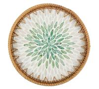 Round Rattan Woven Serving Tray 30cm Coffee Table Decorative Display Tray Desktop Organiser Tray Handwoven Round Serving Tray Conch Inlay Bread Fruit Coffee Snack Tray for Perfum Candle (B)