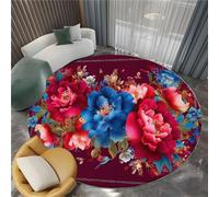 Round Red Rug, 100cm Non Slip Washable Bright Beautiful Flowers Peonies Pattern Circle Rugs, Bedside Office Outdoor Bedroom Kitchen Indoor Carpet Low Pile Circular Carpets