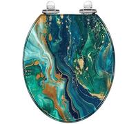 Round Resin Toilet Seat for Bathroom | Marbled blue abstract liquid marble pattern, quiet-close hinges, quick release, easy installation, decorative cover