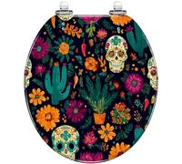 Round Resin Toilet Seat Mexican Day of the Dead Print Quick Release Hinges | Quiet close design, Easy to install and clean, Includes cover and bumpers, Perfect for bathroom decor