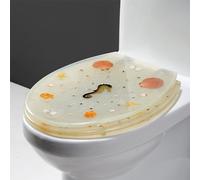 Round Resin Toilet Seat with Ocean-Themed Blue Seashells, 3D Decorative Effects, Slow Close Function, Stainless Steel Hinges, Quick Release, Simple Installation and Cleaning