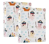 Round Ring Binder 3 Rings Binders 1-1/2 Inch with Anti-Slip Clip Basic Binder Notebook for School Supplies Cute Cartoon Octopuses Pirates, 2 Pack