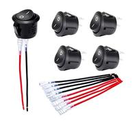 Round Rocker Switch, SPST 2-Pin, 12V DC, 10A, Black, 20mm Mini Toggle with Terminal Wires (5)