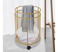 Round Rolling Laundry Basket with Wheels, Metal Basket Cart, Mobile Laundrys Hamper Floor Storage Carts, for Bedoom Balcony Bathroom(Gold)