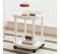 Round Rolling Side Table with Lockable Wheels, White Plastic Nightstand, Modern Low Coffee Table for Living Room, Bedroom, Balcony, Terrace -