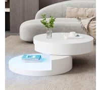 Round Rotating Coffee Table with Remote-Controlled LED Strip, Space-Saving Tabletop with Double-Layer Storage, 70L x 70W x 35.5H cm, White Aosom UK