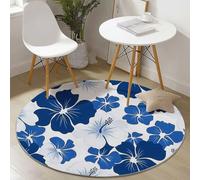 Round Rug ø 100 cm, Blue White Non-Slip Area Rug for Living Room Bedroom Kids’ Room Decor - Elegant Hibiscus, Soft Machine Washable Non-Shedding Carpet
