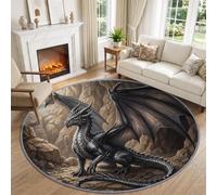 Round Rug 100 cm Fantasy Mythology Washable Non-Slip Carpet Bedroom Hallway | Dark Epic Style Cave Black Dragon Anti-skid Rug, Durable Charcoal Grey Circle Carpet for Living Room Office Dorm, Home Decor