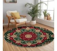 Round Rug 100 cm for Indoor Bedroom Kitchen, Traditional Mandala Florals Circle Soft Non-Slip Washable Durable Floor Mats, Flannel Red Green Home Hotel Decor Floor Rugs Housewarming Gift