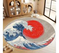Round Rug 100 cm Hokusai Waves Carpet Living Room, Grey Area Rugs Washable Non Slip Soft Short Pile Carpets Bedroom Bathroom Decorations
