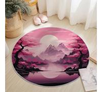 Round Rug 100 cm, Pink Machine Washable Circle Rugs, Chinese Style Mountains Lake Theme Non Slip Circle Carpet for Bedside Bedroom Living Room Dining Room Floor Mat