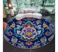 Round Rug 100 cm Washable Non Slip Blue Area Rug, Soft Low Art Deco Style Floral Exquisite Carpet for Living Room Bedroom Dining Room, Space Saving Easy Care Home Decor