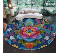 Round Rug 100 cm Washable Non Slip Multicolor Area Rug, Soft Low Art Deco Style Floral Gorgeous Carpet for Living Room Bedroom Dining Room, Space Saving Easy Care Home Decor