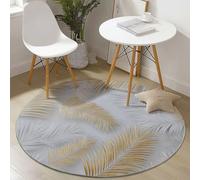 Round Rug 100 cm Washable NonSlip Modern Palm Leaf Design Soft Comfortable White Gold Flannel Carpet for Bedroom Living Room Office Decor
