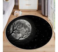 Round Rug 100cm for Living Room, Bedroom, Fantasy Art Circle Small Area Rug Machine Washable,Low Pile, Non-Shedding, Full Moon Branch Printed Design, black