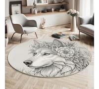Round Rug 100cm Soft Line Animals Washable Black And White Circle Rug Modern The Wolf Wearing A Wreath Print Non Slip Carpet for Living Room Dining Room Bedroom Entryway