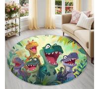 Round Rug 120 cm Anime Animals Soft Rug Washable Modern Cheerful Dinosaur & Joyful Jungle Print Indoor Non Slip Circle Carpet for Entryway Playroom, Green Multicolour
