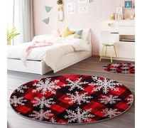 Round Rug 120 cm Christmas Theme Style Non-Slip Short Pile Area Rug, Checkered Fabric Pattern Machine Washable Soft Circle Carpet Red Black for Living Room Bedroom Kids Room Nursery Decor