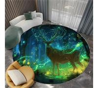 Round Rug 120 cm Fantasy Style Magic Forest Light Shadow Deer Washable Area Rug Living Room, Green Indoor Non Slip Circle Floor Carpet - Bedroom Dining Room Kitchen Nursery