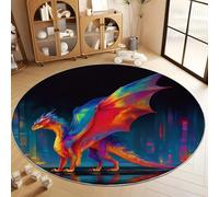 Round Rug 120 cm Fantasy Style Rainbow Dragon City Circles Soft Fluffy Round Area Rug, Black Washable Non-Slip Floor Carpet - Living Room Bedroom Kids Room Bathroom, Easy Care