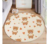 Round Rug 120 Cm For Living Room, Bedroom, Cute Little Bear Circle Area Rug, Machine Washable, Non-Slip Carpet Dining Room, Low Pile, Non-Shedding, Cartoon Animal Prints Round Carpet, Off White
