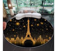 Round Rug 120 Cm,Machine Washable Rug, Non Slip Floor Carpet, Low Pile, Luxury Eiffel Tower City Gold For Bedroom Living Room Entryway Lounge Kids Room Home Decor Floor Mat
