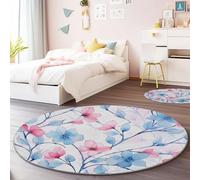 Round Rug 120 cm Natural Hand-Drawn Style Non-Slip Short Pile Area Rug, Floral Pattern Machine Washable Soft Circle Carpet Light Blue for Living Room Bedroom Kids Room Nursery Decor