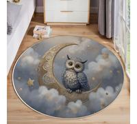 Round Rug 120 Cm, Owl On The Moon Cartoon Style Circle Carpet Non-Slip Plush Fluffy Round Area Rug Washable Bedside Carpet Floor Mat For Living Room Bedroom Hallway Kitchen, Grey