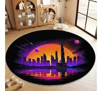 Round Rug 120 cm Washable Retro-Futurism Cityscape Architecture Indoor Circle Area Rugs, Black Non-Slip Stain Resistant Fluffy Carpet Entryway Kitchen Dining Room Table Living Room