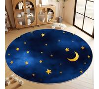Round Rug 120 cm Watercolor Stars Crescent Moon Circles Soft Fluffy Round Area Rug, Navy Washable Non-Slip Floor Carpet - Living Room Bedroom Kids Room Bathroom, Easy Care