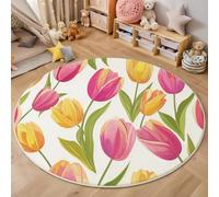 Round Rug 120Cm For Indoor Outdoor Bedroom Kitchen,3D Tulip Green Leaves Illustration Of Plants Non-Slip Washable Durable Carpet Floor Mats,Pink Yellow Home Hotel Decor Floor Rugs