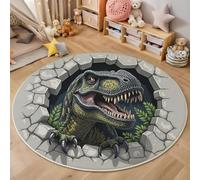 Round Rug 120cm, Machine Washable Rug, Non Slip Floor Carpet, Low Pile, 3D Art Style, Soft Breaking The Wall Tyrannosaurus Rex Gray-Green Area Rugs for Living Room Nursery Lounge Office Chair
