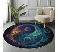 Round Rug 120cm, Machine Washable Rug, Non Slip Floor Carpet, Low Pile, Universe Celestial Style, Soft Fire Ice Yin Yang Symbols Purple-Green Area Rugs for Living Room Nursery Lounge Office Chair