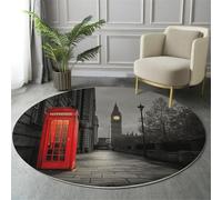 Round Rug 120cm, Soft Machine Washable Ash Circle Rugs, City Telephone Booth Big Ben Tower Print Non Slip Carpet for Living Room Kid’s Room Dining Room Bedroom Entryway