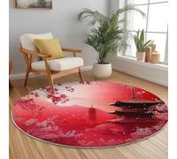Round Rug 140 cm, Colorful Soft Non Slip Area Rug, Machine Washable Low Pile Carpet, Oriental Pagoda Animal Cherry Blossoms Rugs for Living Room Bedroom Kitchen Nursery Lounge Office Bath Mat