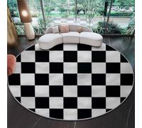 Round Rug 140 cm, Machine Washable Rug, Black White Non Slip Floor Carpet, Low Pile, Soft Simple Grid Lines Area Rugs for Living Room Bedroom Kitchen Nursery Lounge Office Chair Entryway