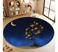 Round Rug 150 cm Fantasy Cartoon Tree Beehive Crescent Moon Soft Non Slip Round Area Rugs, Washable Indoor Floor Accent Dark Blue Carpet - Living Room Bedroom Kitchen Dining Room