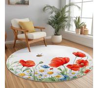 Round Rug 150 cm for Indoor Bedroom Kitchen, Florals Poppies Daisies Circle Soft Non-Slip Washable Durable Floor Mats, Flannel Red Green Home Hotel Decor Floor Rugs Housewarming Gift