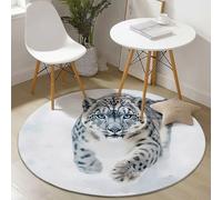 Round Rug Ø150 Cm,Machine Washable Rug, Non Slip Floor Carpet, Low Pile, Nature Snow Leopard Snow White For Bedroom Living Room Entryway Lounge Kids Room Home Decor Floor Mat